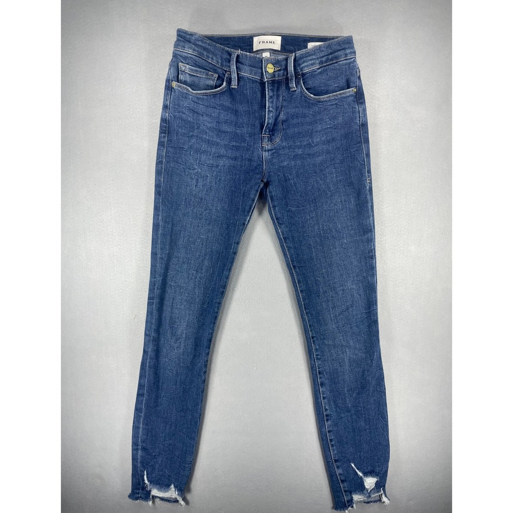 Frame‎ Le Skinny de Jeanne Jeans Medium Wash Distressed Raw Hem Sz 25 Womens